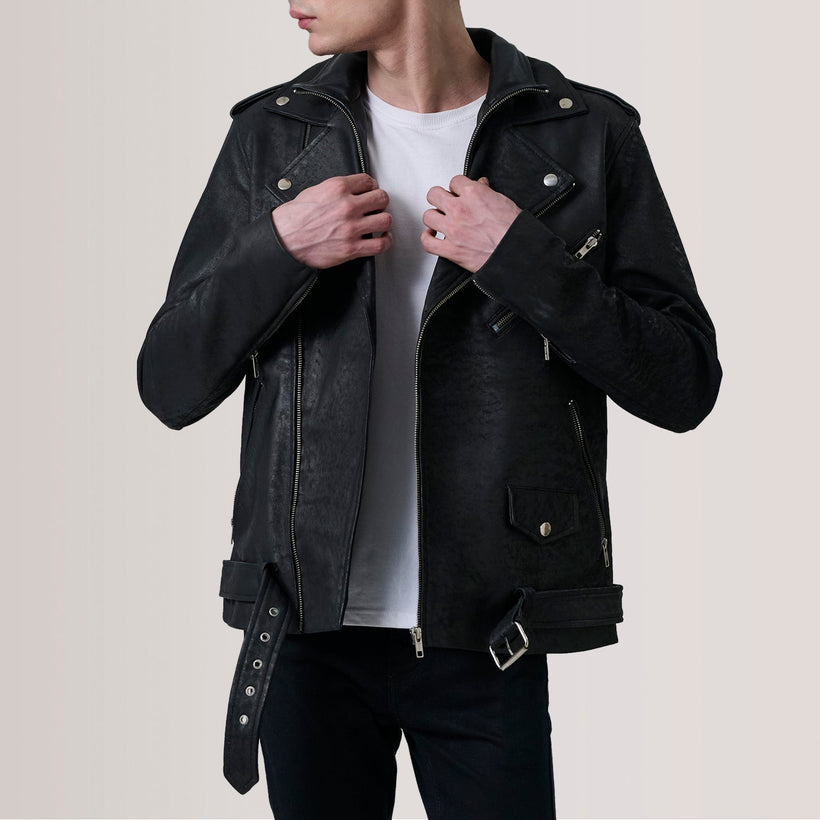 Kole Negro Envejecido Leather Double Rider Chaqueta de Cuero para Hombre