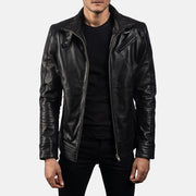 Men's Legacy Negro Chaqueta Biker de Cuero para Hombre in Black Cowhide Leather - Vista frontal y silueta a medida | Comprar online