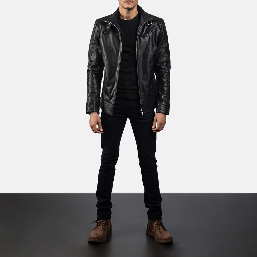 Men's Legacy Negro Chaqueta Biker de Cuero para Hombre - Vista de perfil lateral con corte ergonómico de manga