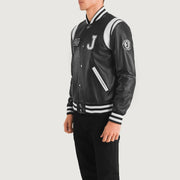 
Black & White Sheepskin Leather Varsity Jacket - Vista posterior con hombros definidos y bajo impecable