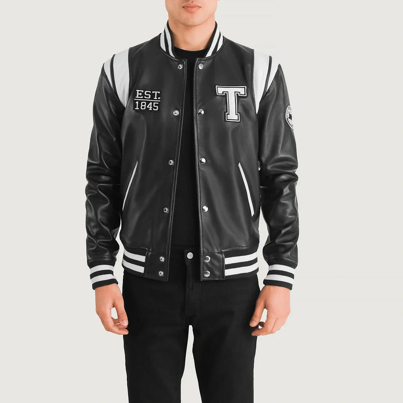 Liberte Texas Negro Leather Varsity Chaqueta de Cuero para Hombre