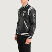 Black &amp; White Sheepskin Leather Varsity Jacket - Vista trasera con ajuste entallado en hombros y bajo impecable