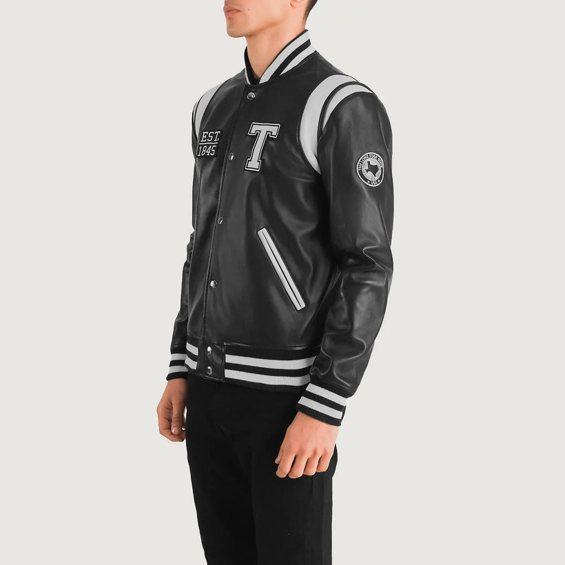 Liberte Texas Negro Leather Varsity Chaqueta de Cuero para Hombre