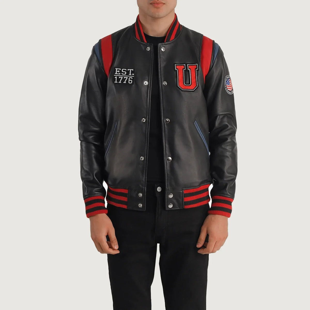 
Liberte USA Black Leather Varsity Jacket in Black Sheepskin Leather - Vista frontal y silueta entallada | Comprar online