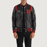 
Liberte USA Black Leather Varsity Jacket in Black Sheepskin Leather - Vista frontal y silueta entallada | Comprar online