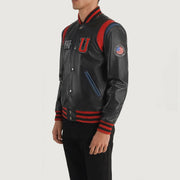 
Black Sheepskin Leather Varsity Jacket - Vista posterior con hombros definidos y bajo impecable