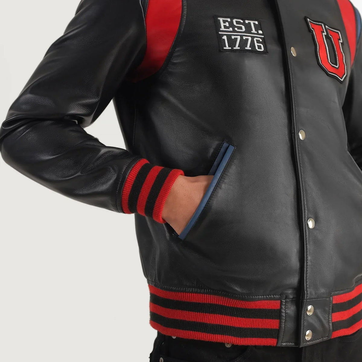
Vista de detalle of Varsity & Snap Button Hardware on Liberte USA Black Leather Varsity Jacket