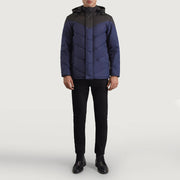 
Luka Negro & Azul Hooded Puffer Chaqueta de Cuero para Hombre - Vista lateral mostrando el corte ergonómico de mangas