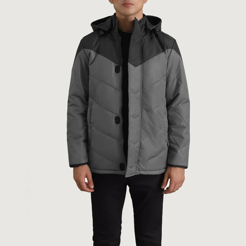 Luka Negro & Gris Hooded Puffer Chaqueta de Cuero para Hombre