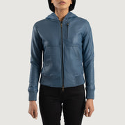 Close-Up Detail of Hooded & Zipper Hardware on Women's Luna Blue Hooded Leather Bomber Jacket