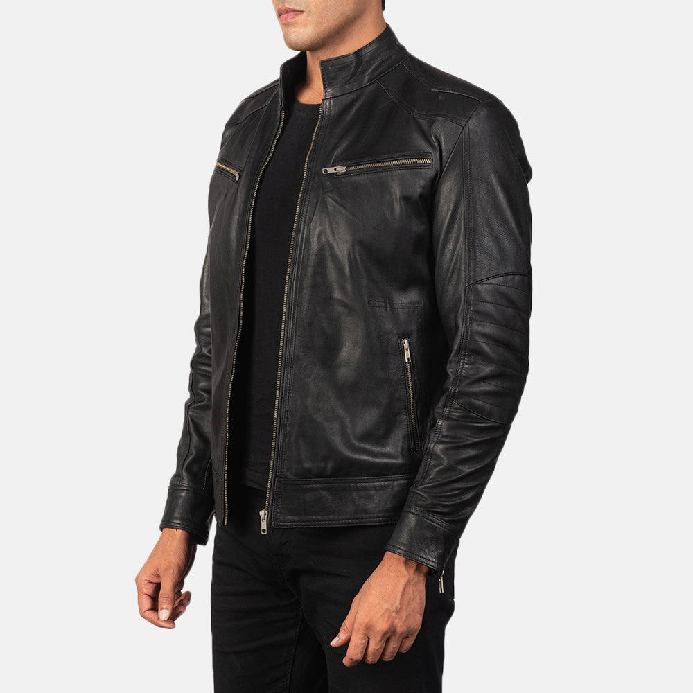 Black Goatskin Leather Biker Jacket - Vista trasera con ajuste entallado en hombros y bajo impecable
