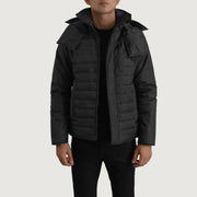 
Malcolm Negro Hooded Puffer Chaqueta de Cuero para Hombre en cuero vacuno negro auténtico - Vista frontal y silueta entallada | Comprar online