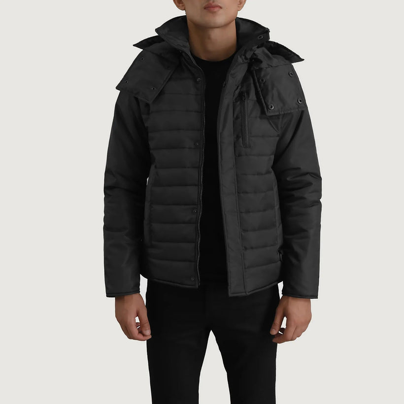 Malcolm Negro Hooded Puffer Chaqueta de Cuero para Hombre