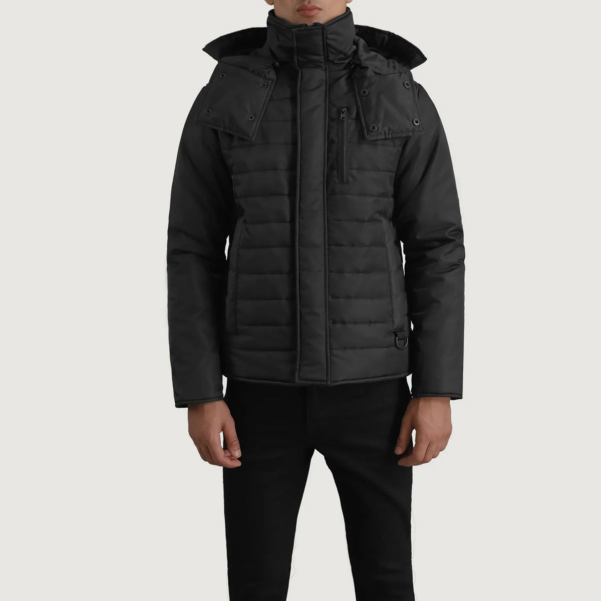 
Vista de detalle of Classic Collar & Zipper With Placket Hardware on Malcolm Negro Hooded Puffer Chaqueta de Cuero para Hombre
