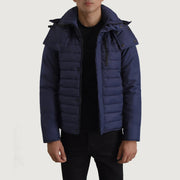 
Malcolm Azul Hooded Puffer Chaqueta de Cuero para Hombre in Blue Full-Grain Leather - Vista frontal y silueta entallada | Comprar online