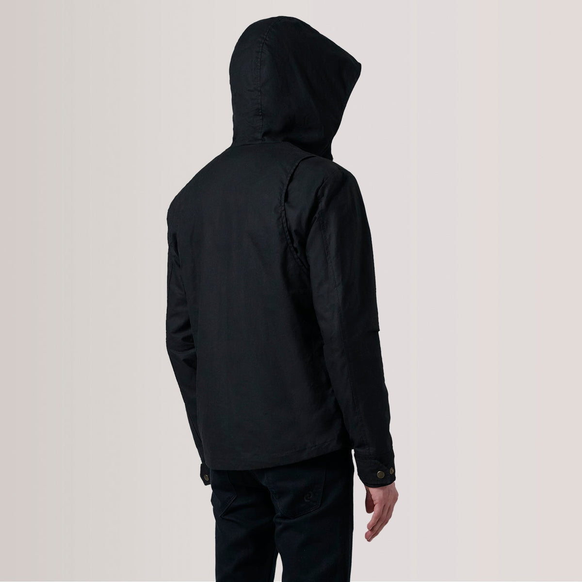 Detalle de cerca of Hooded &amp; Zipper with placket Hardware on Marlo Negro Canvas Hooded Work Chaqueta de Cuero para Hombre For Men