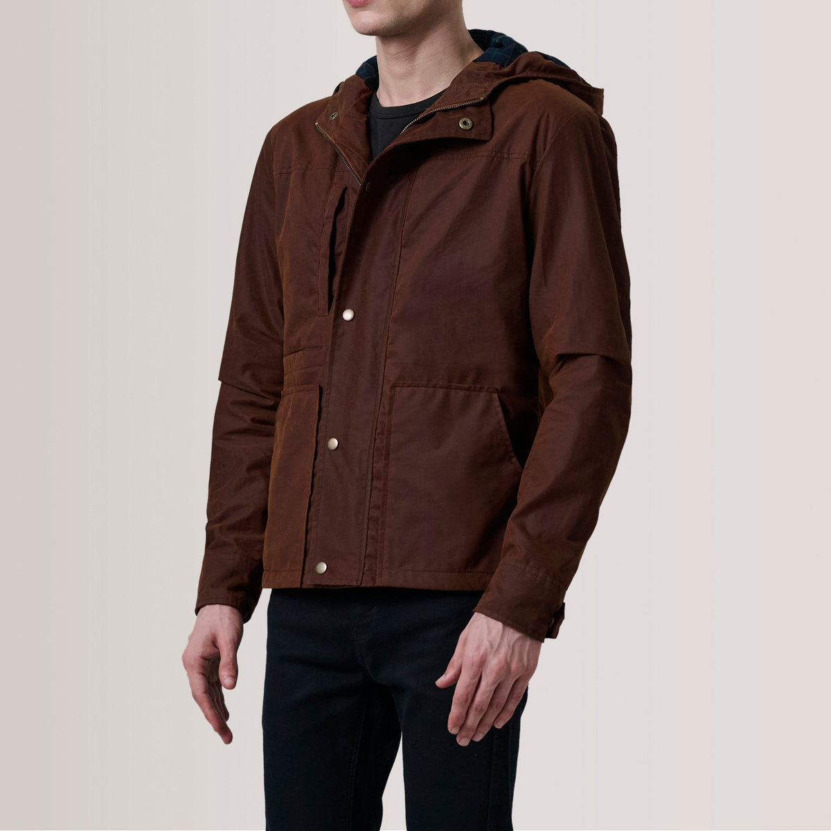 Marlo Marrón Canvas Hooded Work Chaqueta de Cuero para Hombre For Men - Vista de perfil lateral con corte ergonómico de manga
