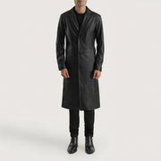 Mateo Black Leather Single Breasted Coat - Vista de perfil lateral con corte ergonómico de manga