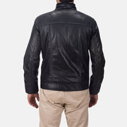 Detalle de cerca of Band &amp; Zipper Hardware on Maurice Negro Chaqueta de Cuero para Hombre