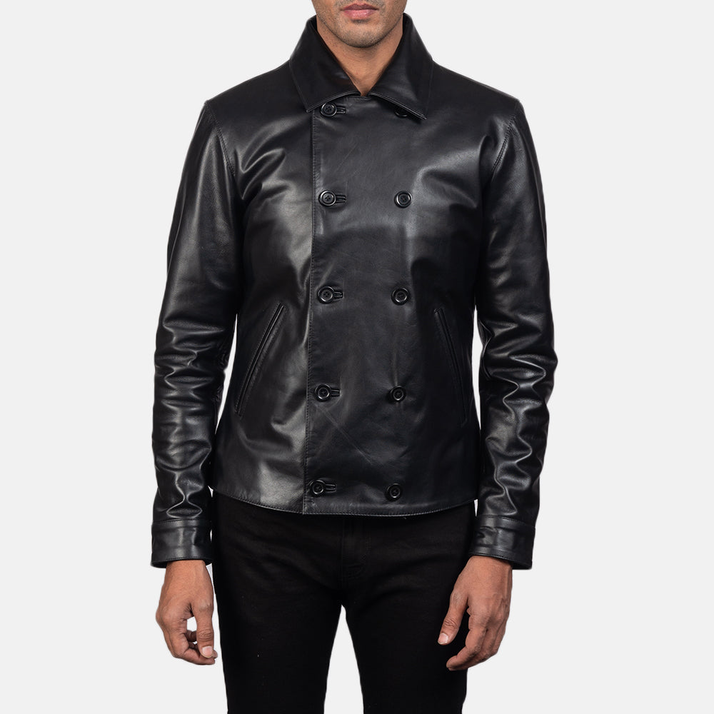 Mod Negro Leather Peacoat para Hombre in Black Cowhide Leather - Vista frontal y silueta a medida | Comprar online
