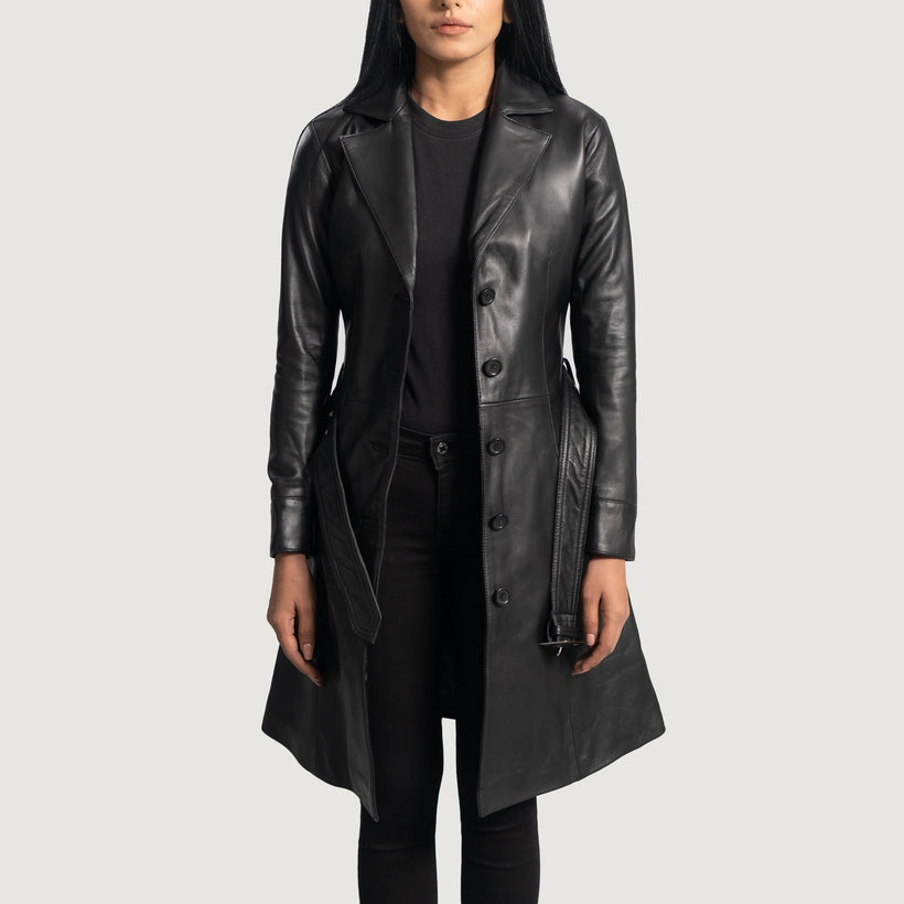 Moonlight Negro Gabardina Trench de Cuero para Mujer