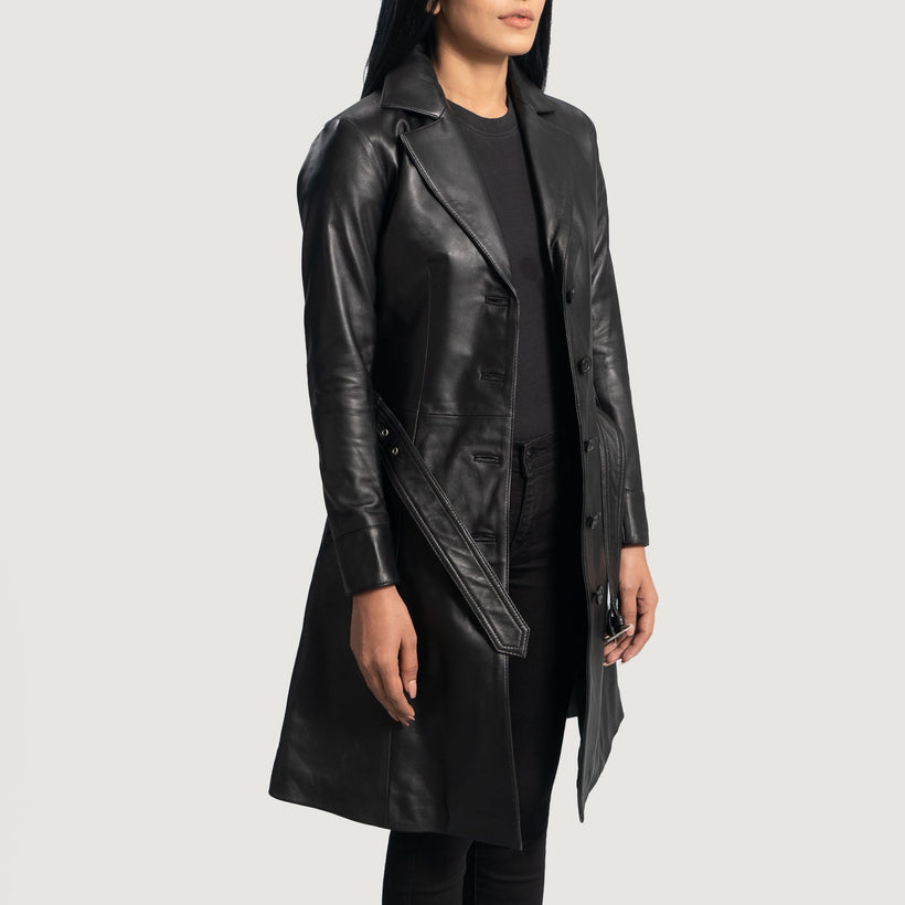 Moonlight Negro Gabardina Trench de Cuero para Mujer