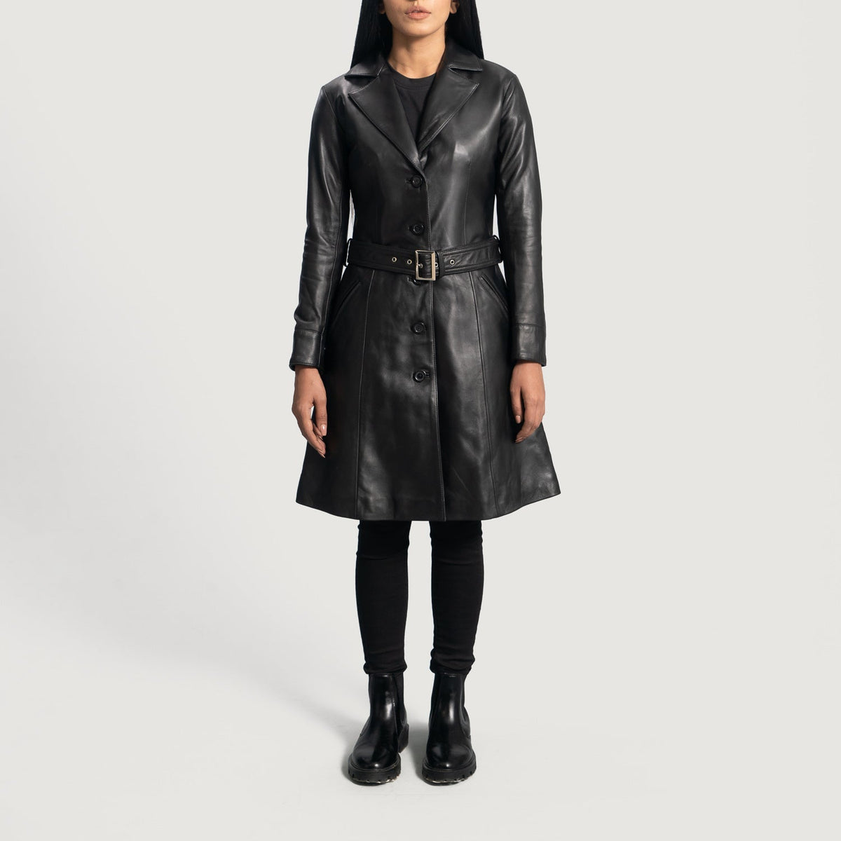 
Moonlight Negro Gabardina Trench de Cuero para Mujer - Vista lateral mostrando el corte ergonómico de mangas