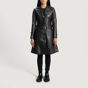 
Moonlight Negro Gabardina Trench de Cuero para Mujer - Vista lateral mostrando el corte ergonómico de mangas