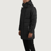 
Black Full-Grain Leather Hooded Jacket - Vista posterior con hombros definidos y bajo impecable