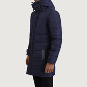 
Blue Full-Grain Leather Hooded Jacket - Vista posterior con hombros definidos y bajo impecable