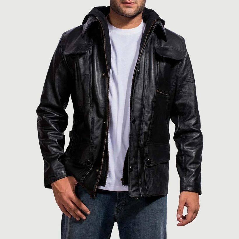 Moulder Hooded Negro Chaqueta de Cuero para Hombre