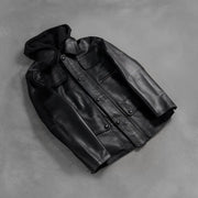 Zipper &amp; Hem Craftsmanship Construction Detail on Men's Moulder Hooded Negro Chaqueta de Cuero para Hombre