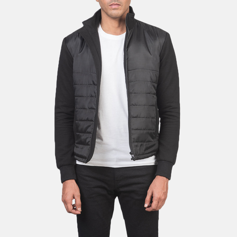 Men's Nashville Acolchado Negro Windbreaker Chaqueta de Cuero para Hombre in Black Polyester (Torso) &amp;Amp; Knitted Fabric (Sleeves) - Vista frontal y silueta a medida | Comprar online