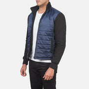 
Blue & Black Nylon (Torso) &Amp; Knitted Fabric (Sleeves) Winter Jacket - Vista posterior con hombros definidos y bajo impecable