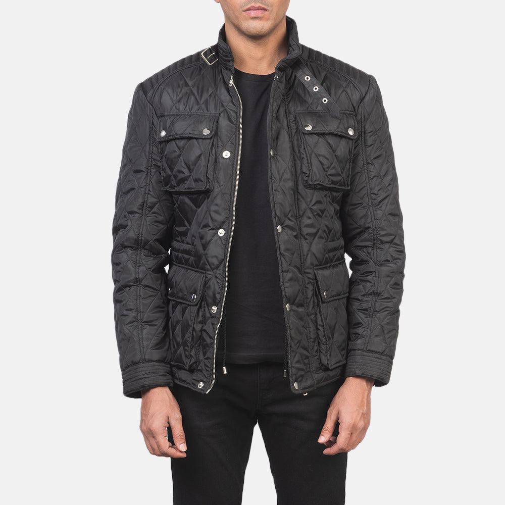 Men's Nelson Quilted Black Windbreaker Jacket in Black Polyester - Vista frontal y silueta a medida | Comprar online