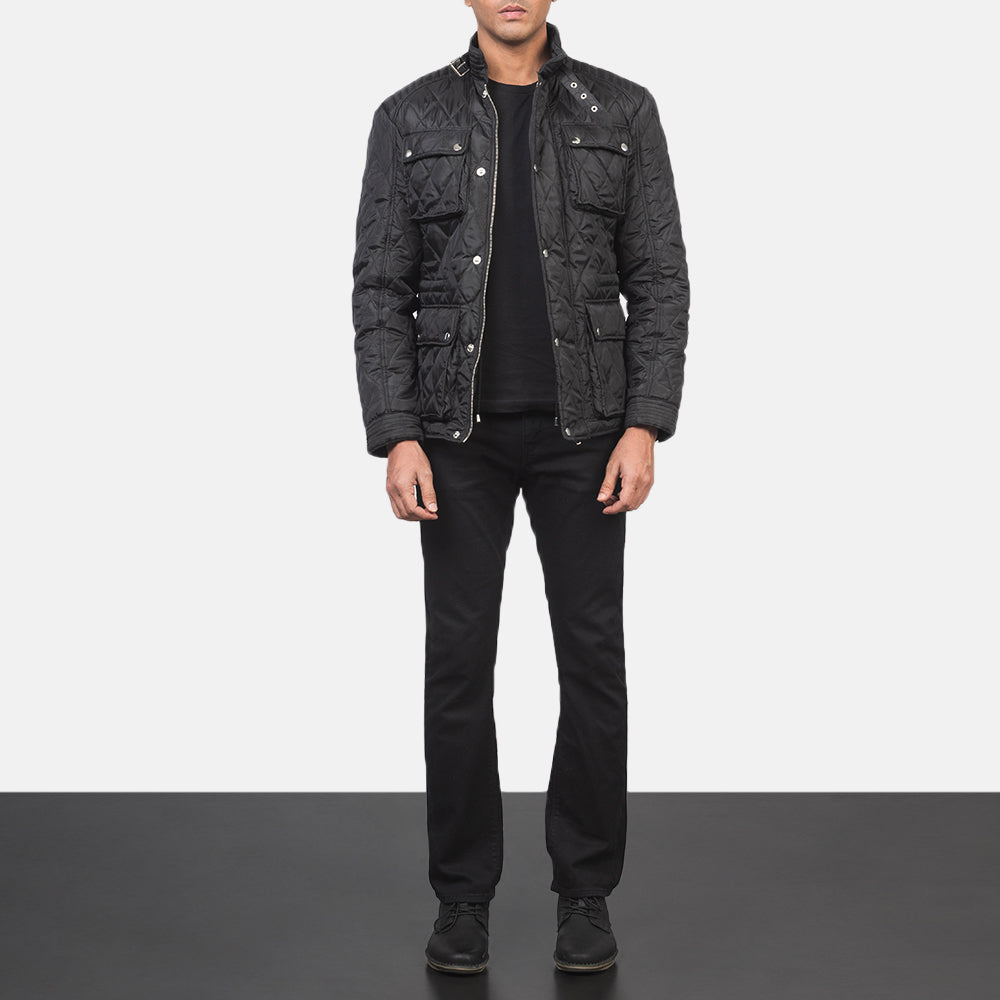 Nelson Quilted Black Windbreaker Jacket - Vista lateral mostrando el corte ergonómico de mangas