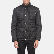 Detalle de cerca of Belted Band &amp; Zipper with Front Button Flap Hardware on Men's Nelson Quilted Black Windbreaker Jacket