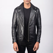 Men's Noah Black Leather Biker Jacket in Black Sheepskin Leather - Vista frontal y silueta a medida | Comprar online