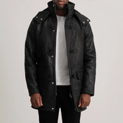 
Nolan Black Snuffed Leather Duffle Coat in Distressed Black Sheepskin Snuffed - Vista frontal y silueta entallada | Comprar online