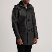 
Distressed Black Sheepskin Snuffed Hooded Jacket - Vista posterior con hombros definidos y bajo impecable