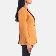 Brown Cowhide Nubuck Leather Blazer - Vista posterior con hombros definidos y bajo impecable