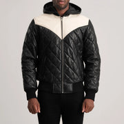 
Vista de detalle of Hooded & Zipper Hardware on Norman Tan Hooded Bomber Leather Puffer Jacket