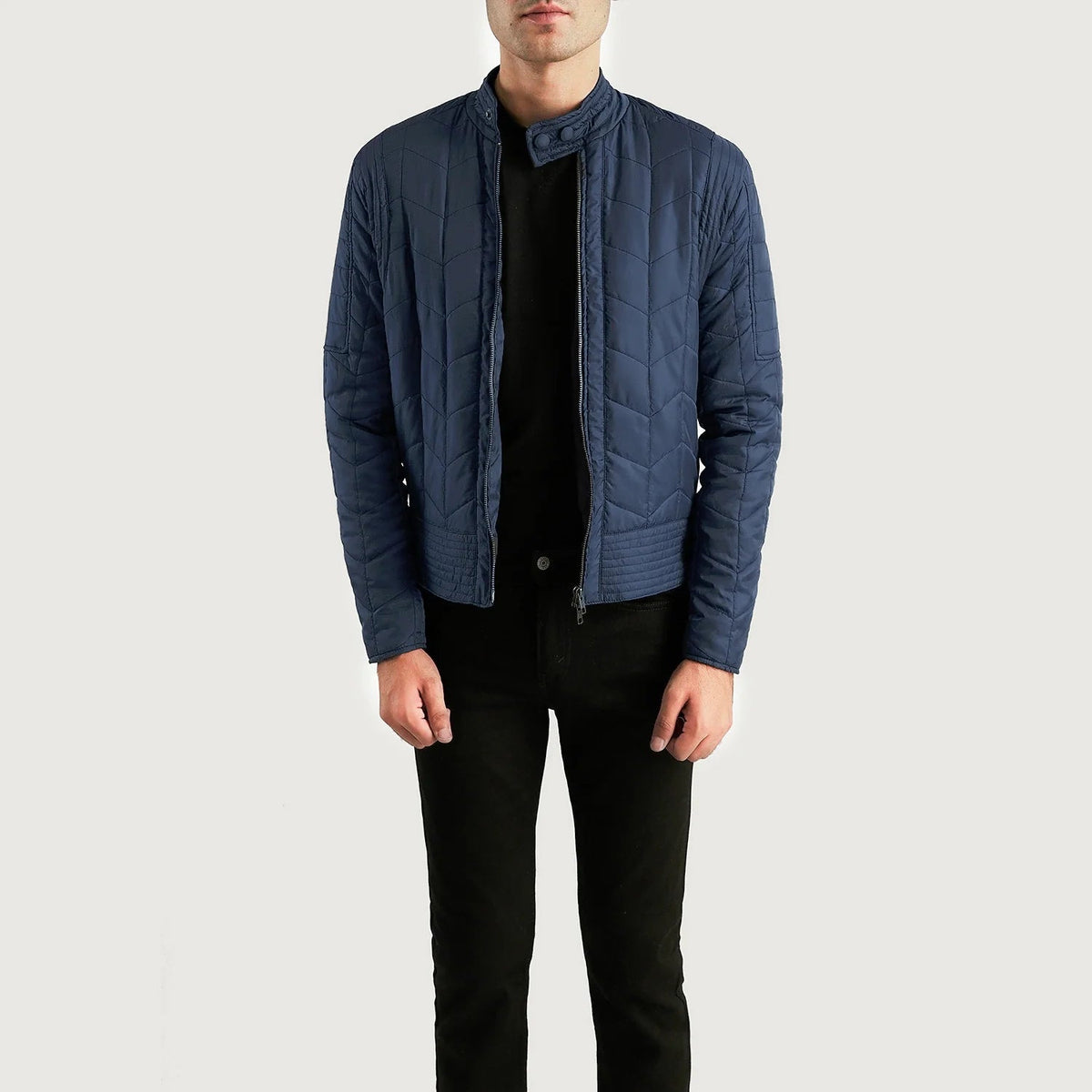 Men's Nyle Quilted Windbreaker Jacket in Navy Blue Nylon - Vista frontal y silueta a medida | Comprar online
