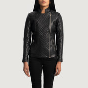Women's Orient Grain Quilted Black Leather Biker Jacket in Black Sheepskin Leather - Front Profile View & Tailored Silhouette | Buy Online