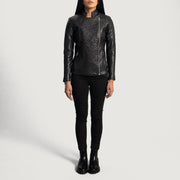 Close-Up Detail of Band & Zipper Hardware on Women's Orient Grain Quilted Black Leather Biker Jacket