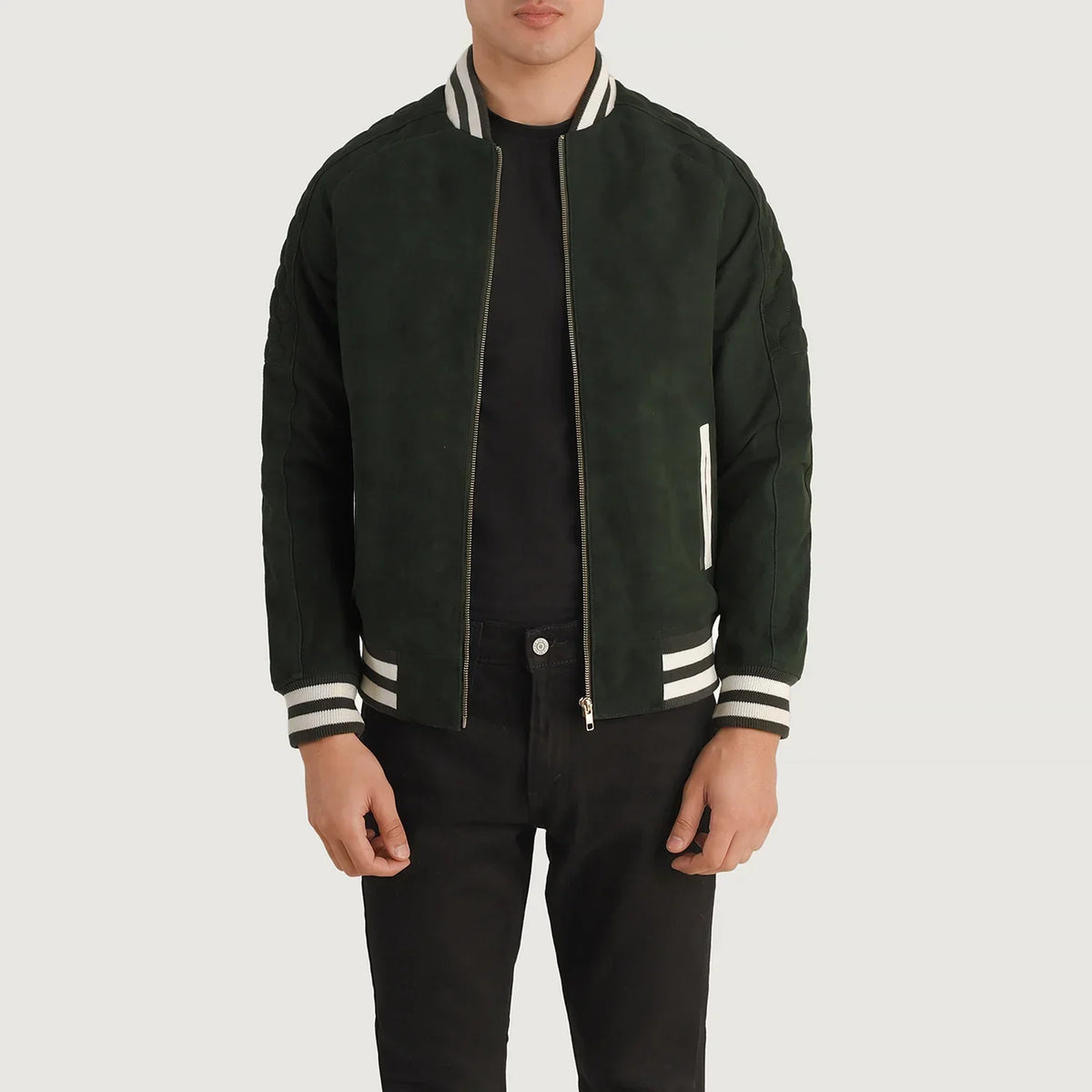 Pascal Verde Suede Varsity Chaqueta de Cuero para Hombre in Green Goatskin Suede - Vista frontal y silueta a medida | Comprar online