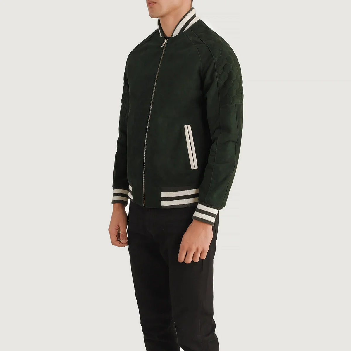 Green Goatskin Suede Varsity Jacket - Vista trasera con ajuste entallado en hombros y bajo impecable
