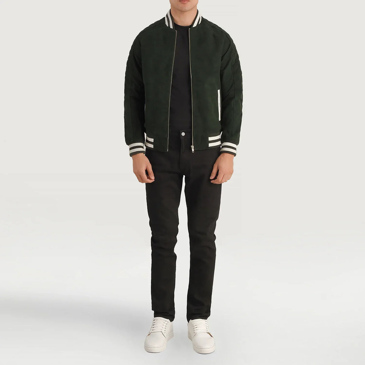 Pascal Verde Suede Varsity Chaqueta de Cuero para Hombre - Vista de perfil lateral con corte ergonómico de manga