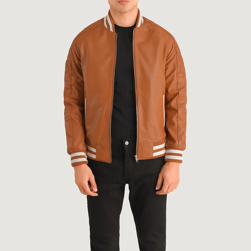 Pascal Tostado Marrón Leather Varsity Chaqueta de Cuero para Hombre