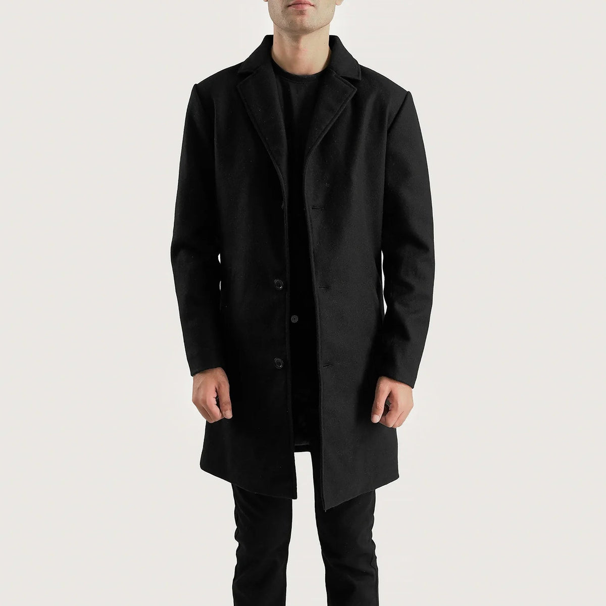 Petrillo Negro Wool Single Breasted Abrigo de Cuero para Hombre in Black Synthetic Wool - Vista frontal y silueta a medida | Comprar online